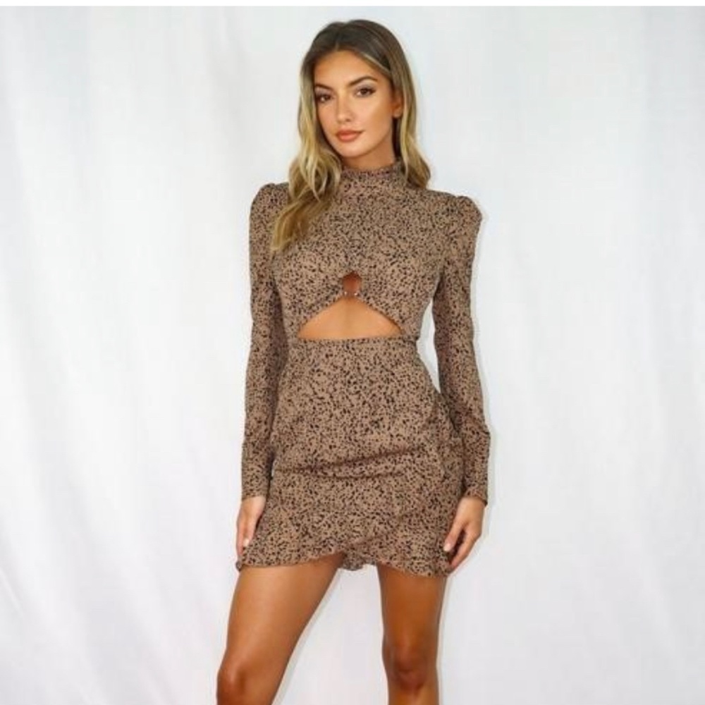 Rust Dalmation Print High Neck Cut Out Mini Dress